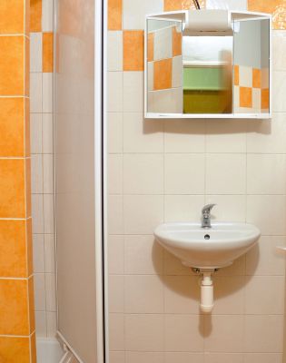 Koupelna: umyvadlo se zrcadlem, sprchový kout a vana.